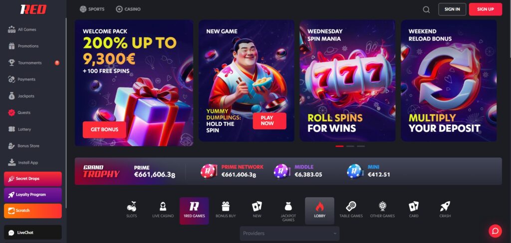 Discover 1Red Casino homepage