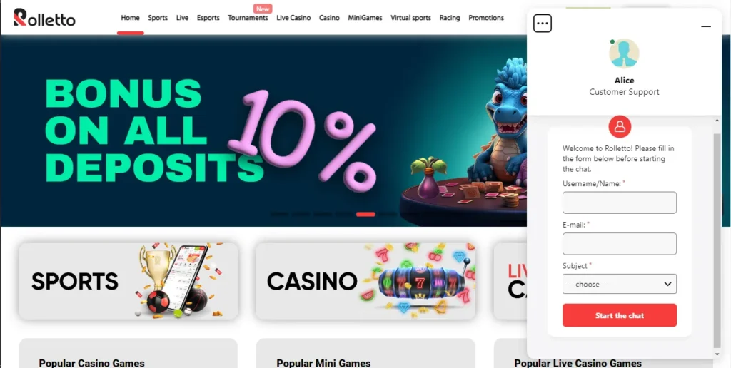 Customer support at Rolletto Casino