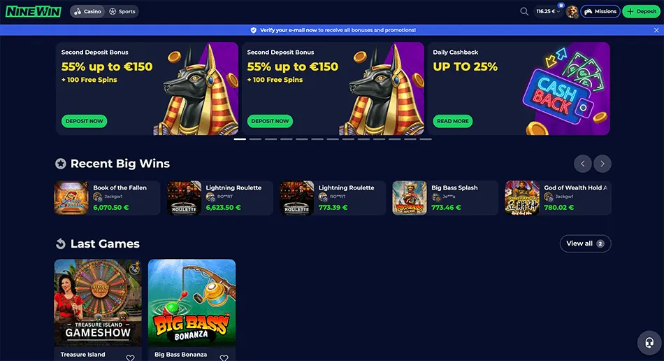 NineWin Casino main page