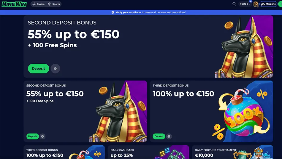 Bonuses at NineWin Casino