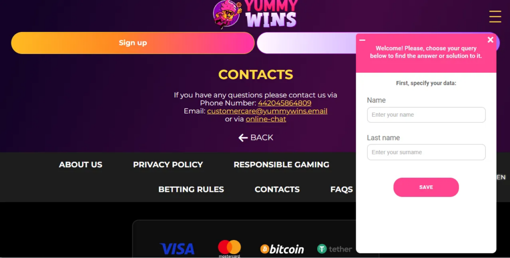 Contact us page at Yummy Wins Casino