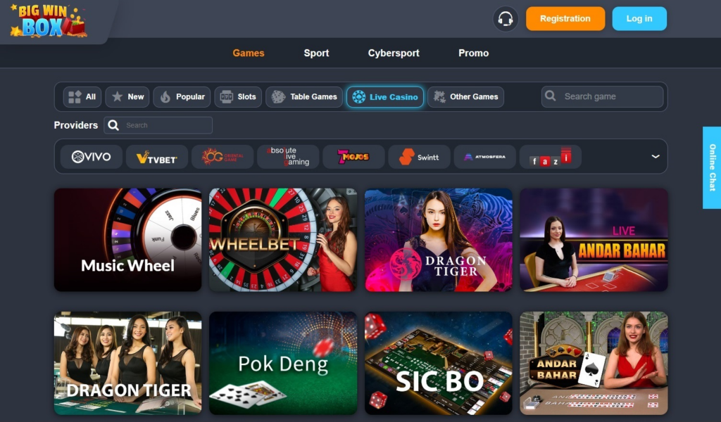 Live casino section at Big Win Box Casino