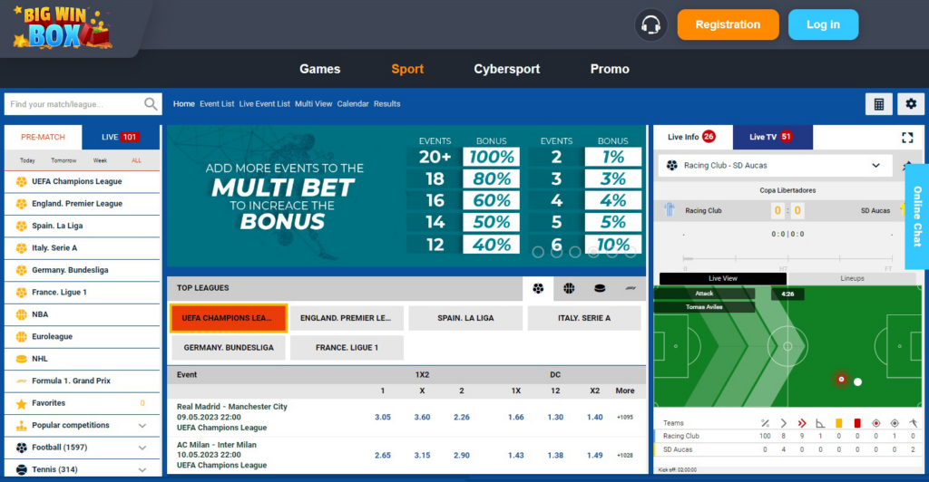 Betting section at Big Win Box Casino