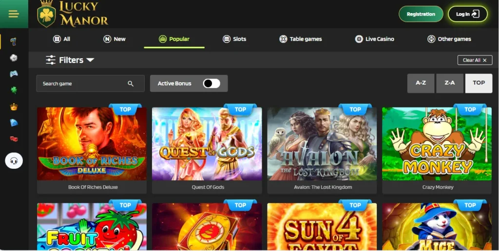 Play popular games on Lucky Manor Casino
