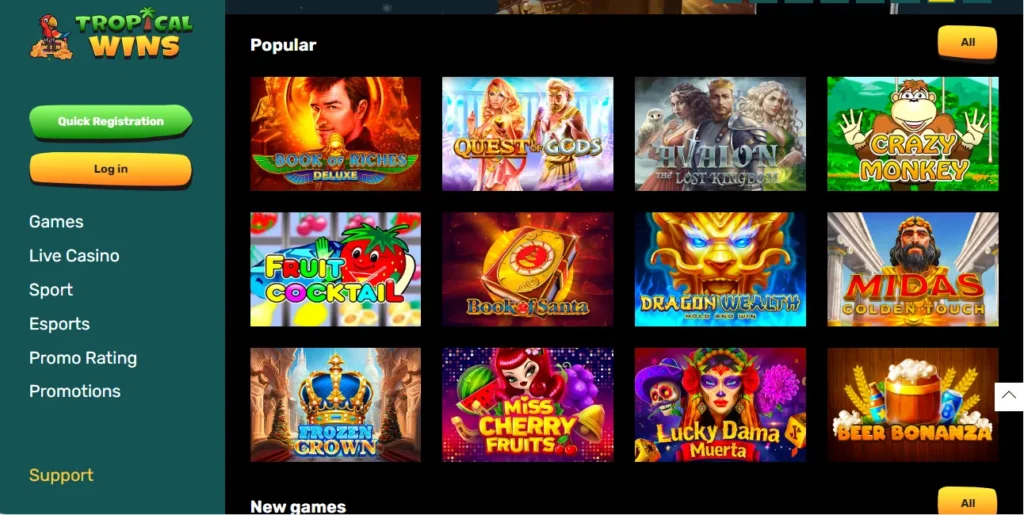 Tropical Wins Casino popular games