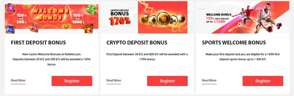 Different type of deposit bonus at Rolletto Casino