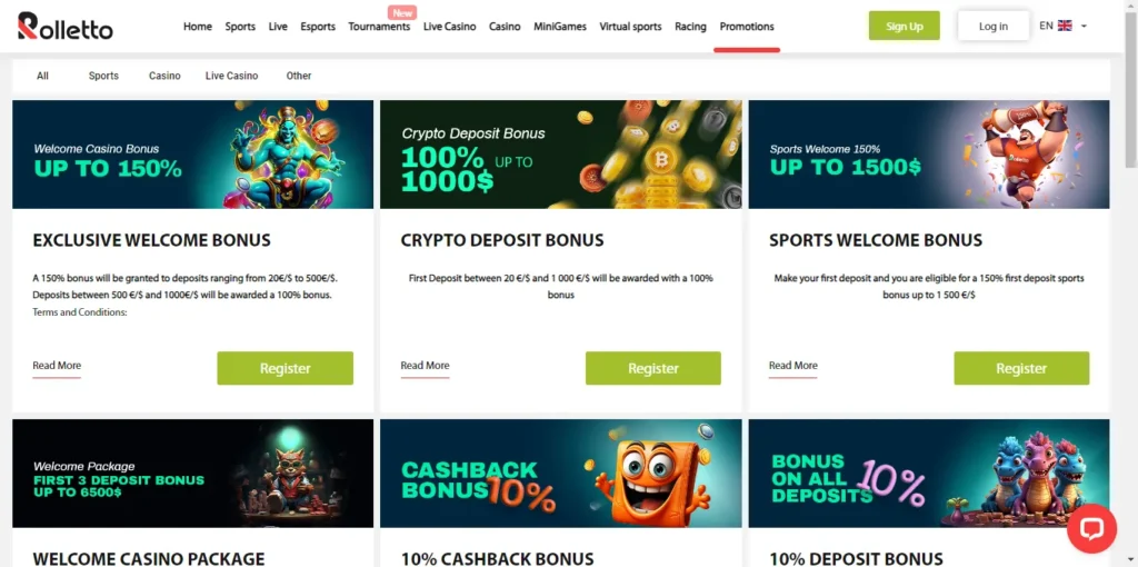 Bonus list of Rolletto Casino