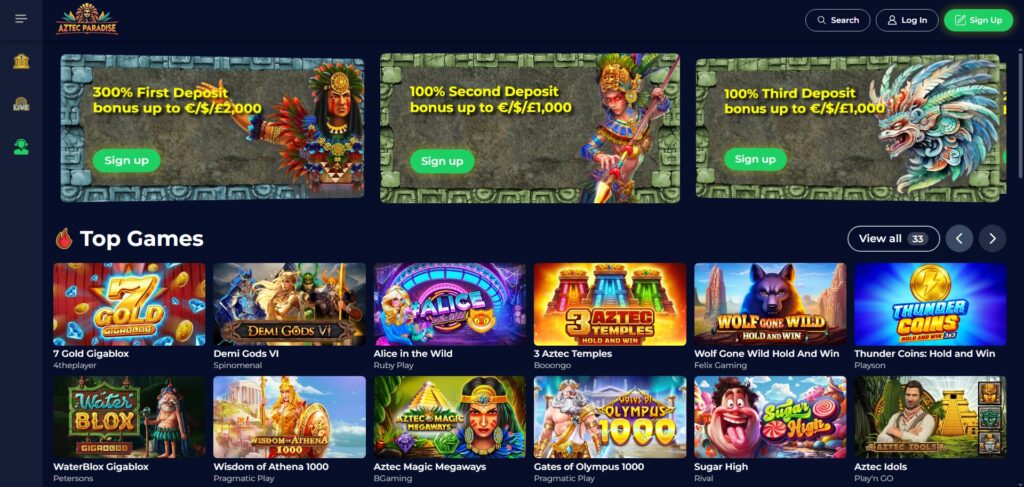 Explore Aztec Paradise Casino homepage