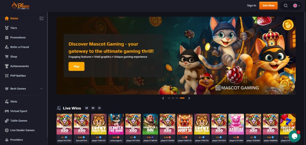Explore Blaze Spins Casino homepage